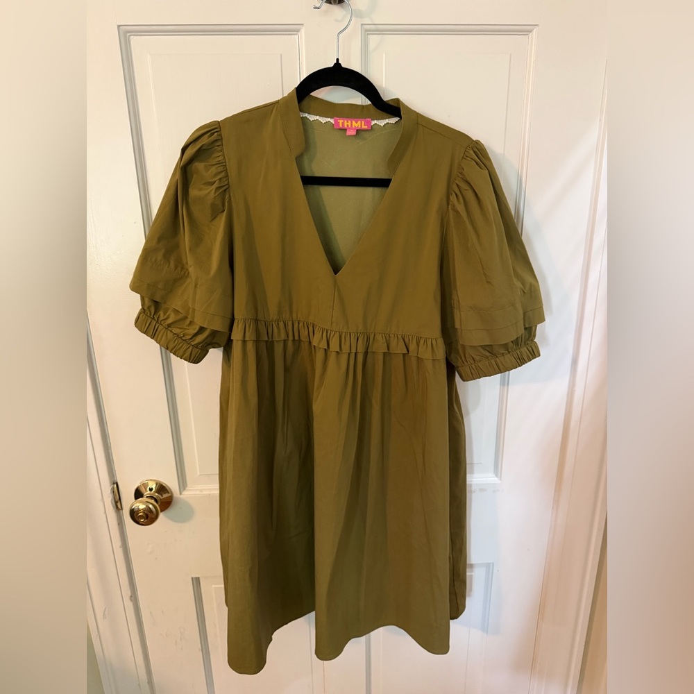 THML Olive Green Dress with Lace Trim